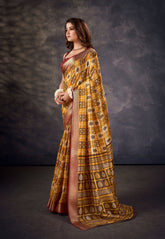 Luxurious Yellow Silk  Intricate Block Print Saree